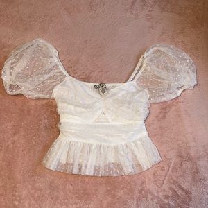 Womens White Dotted Mesh Lace Babydoll Top Size Small